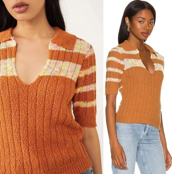 FREE PEOPLE 70s Cropped V-Neck Chunky Knit Striped Short Sleeve Henley Sweater S - Picture 10 of 14